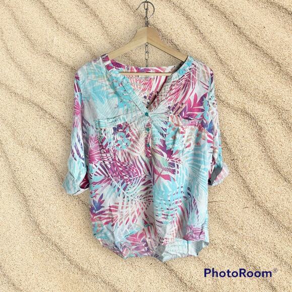 Coral Bay Women's Petite Large PL Linen & Rayon Blend 3/4 Sleeve Tropical Blouse - Picture 2 of 9